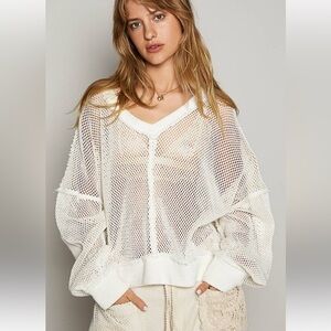 POL Beige V-Neck Mesh Sweater